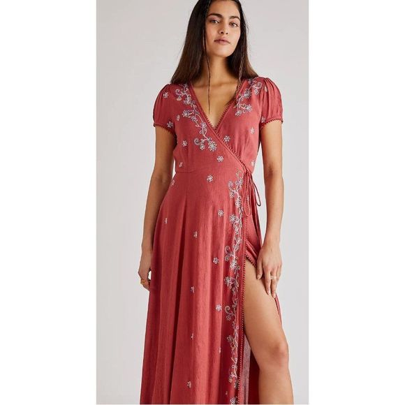 Free People Dresses & Skirts - Free People Mia Wrap Maxi Dress Floral Embroidered Boho Rust Red Short Sleeve